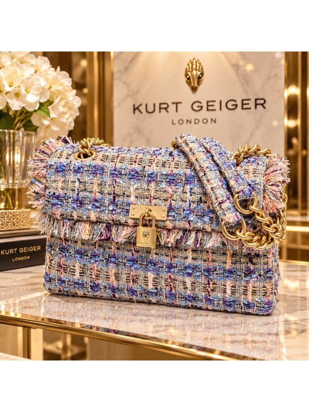 Kurt Geiger London Brixton Tweed Fringe Lock Shoulder Bag Gold Chain Multicolor